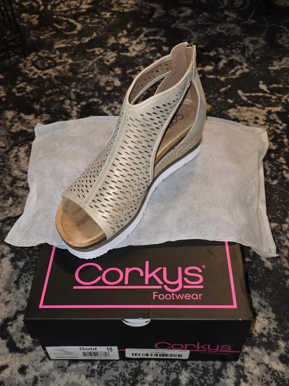 Corkys Metallic Gold Perforated Wedge Sandals